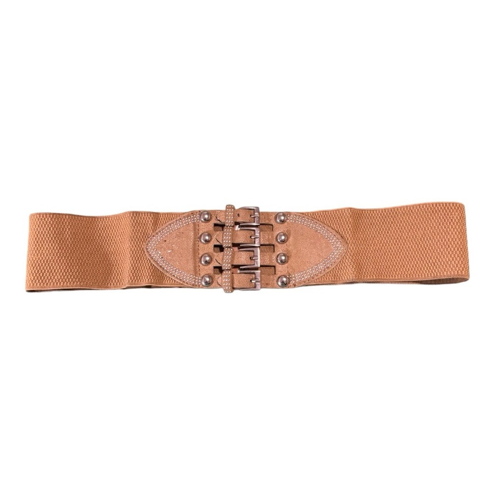3" Wide Silver Buckle and Stud Belt With 2 Snap Closure at the Back Women's Tan - Picture 10 of 10